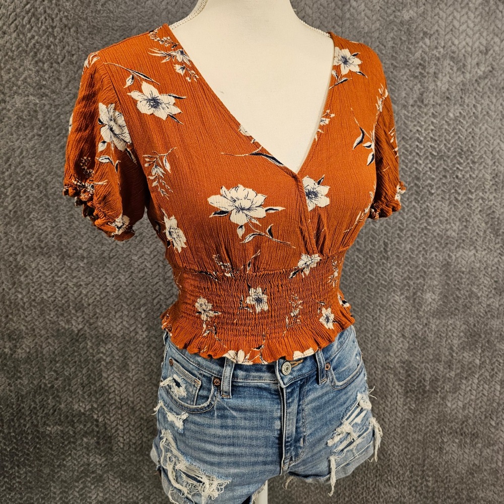 Romantic Boho Burnt Orange Floral Smocked‎ Crop Top V-Neck Short Sleeve Peasant